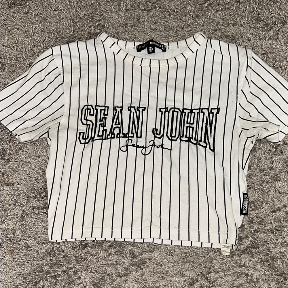 Sean John Black and White Pinstripe Short Sleeve Tee